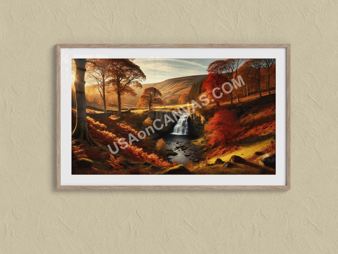 Autumn Waterfall Valley With Sunlit Red Trees Nature Art Poster