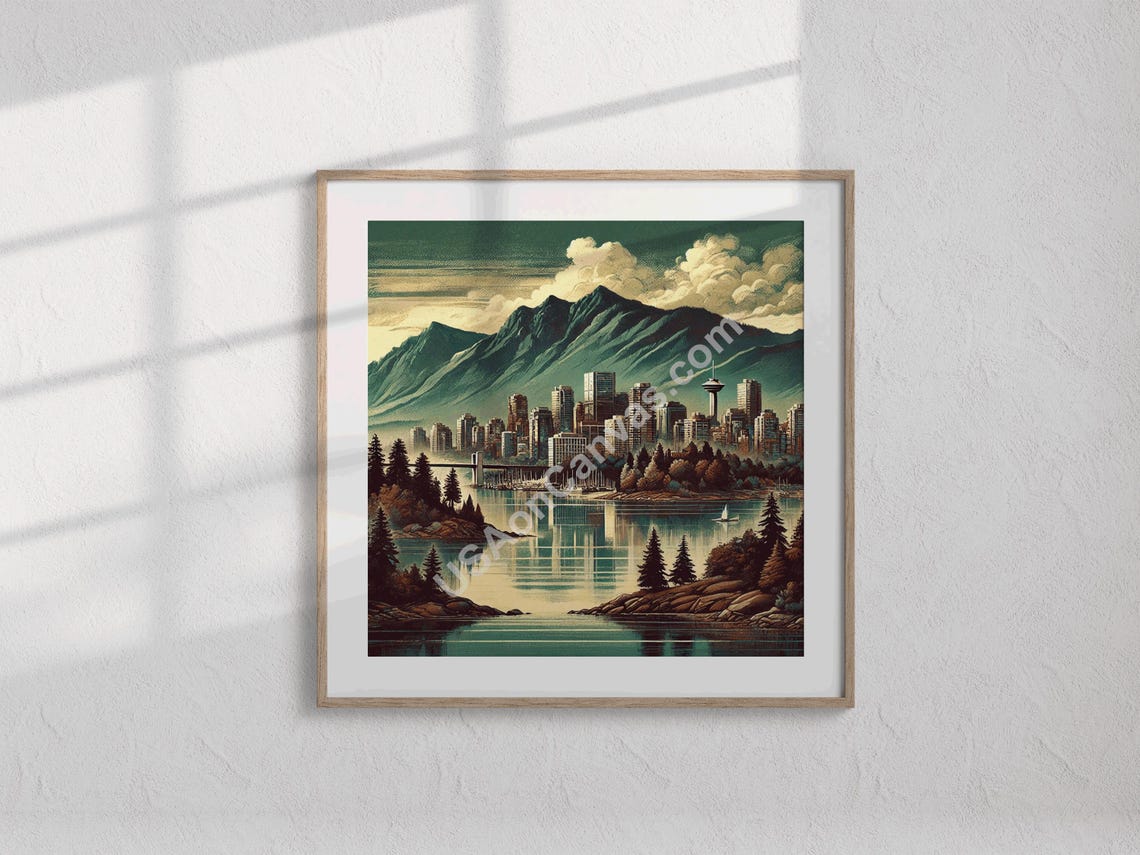 Vintage Vancouver Skyline Mountains Harbor Retro Travel Poster