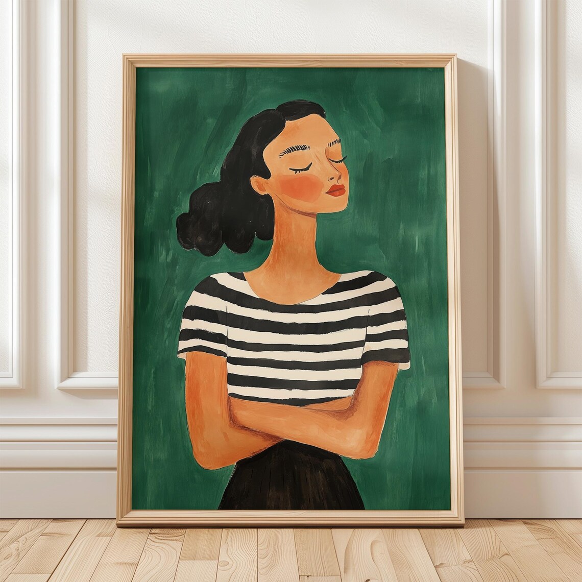 Confident Woman in Striped Shirt Emerald Green Portrait Poster - Image 5
