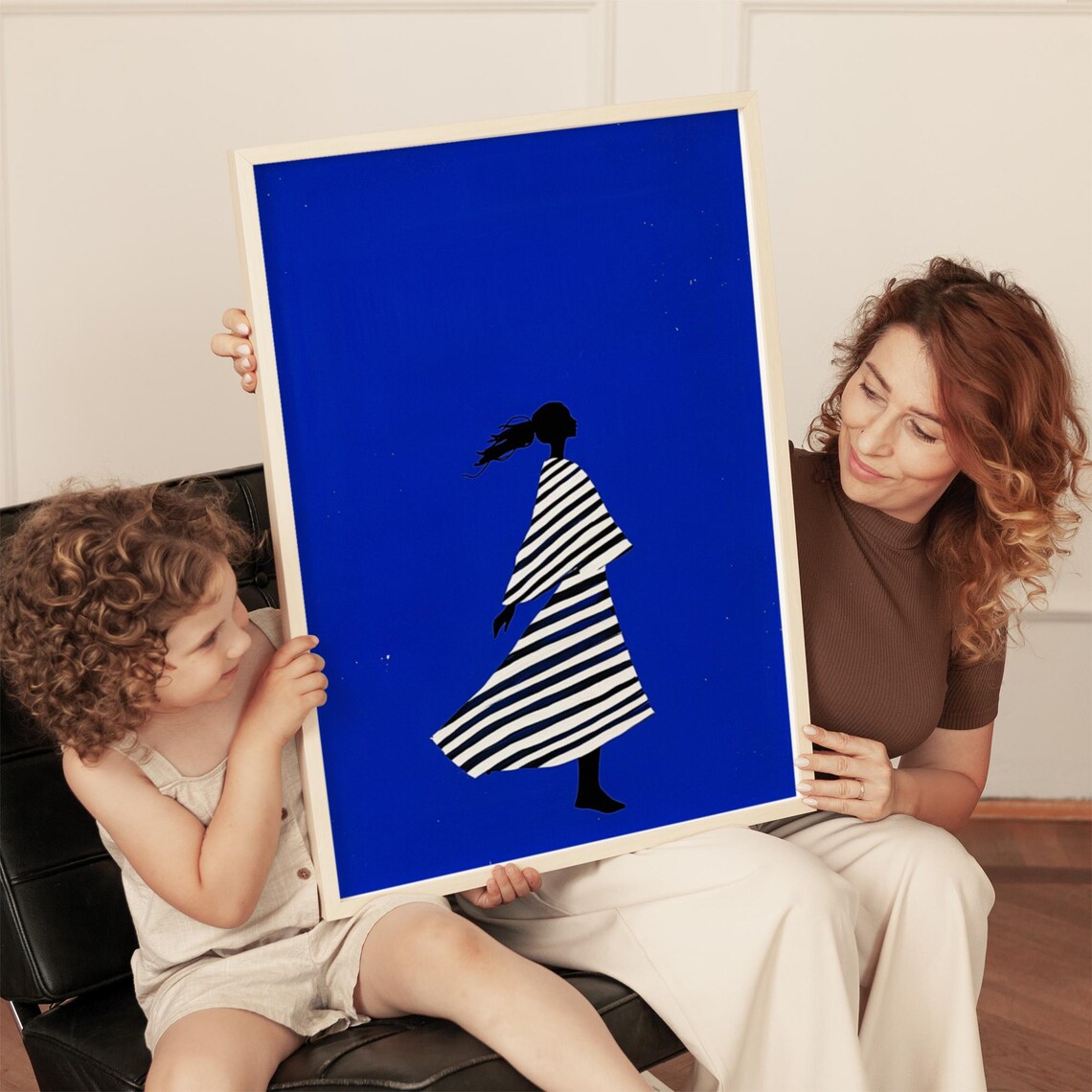 Elegant Striped Dress Woman Silhouette on Bold Royal Blue Poster - Image 5