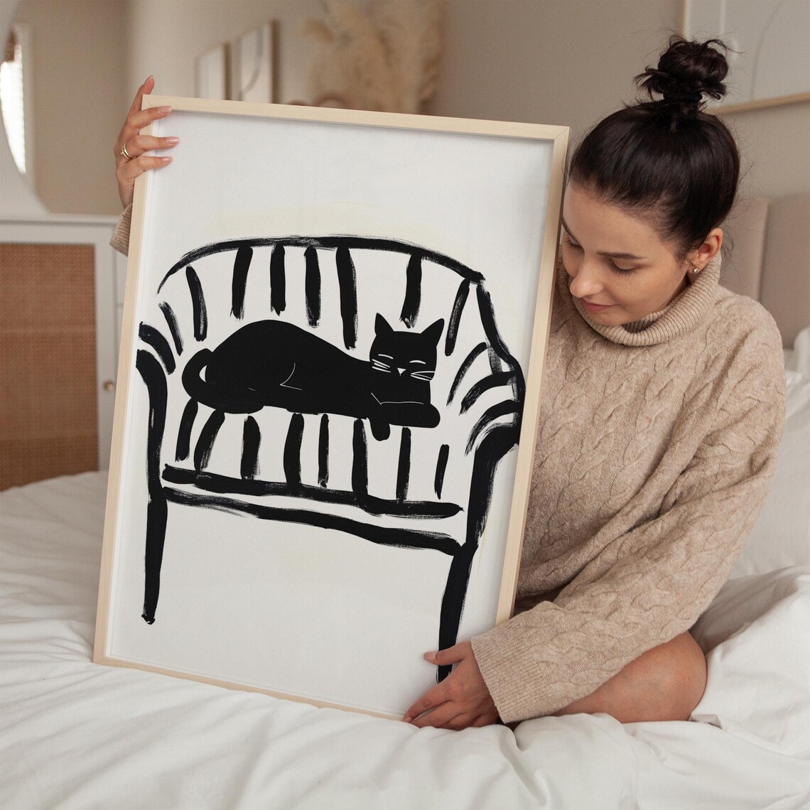 Sleeping Black Cat on Striped Chair Minimalist Ink Art Poster - Image 4