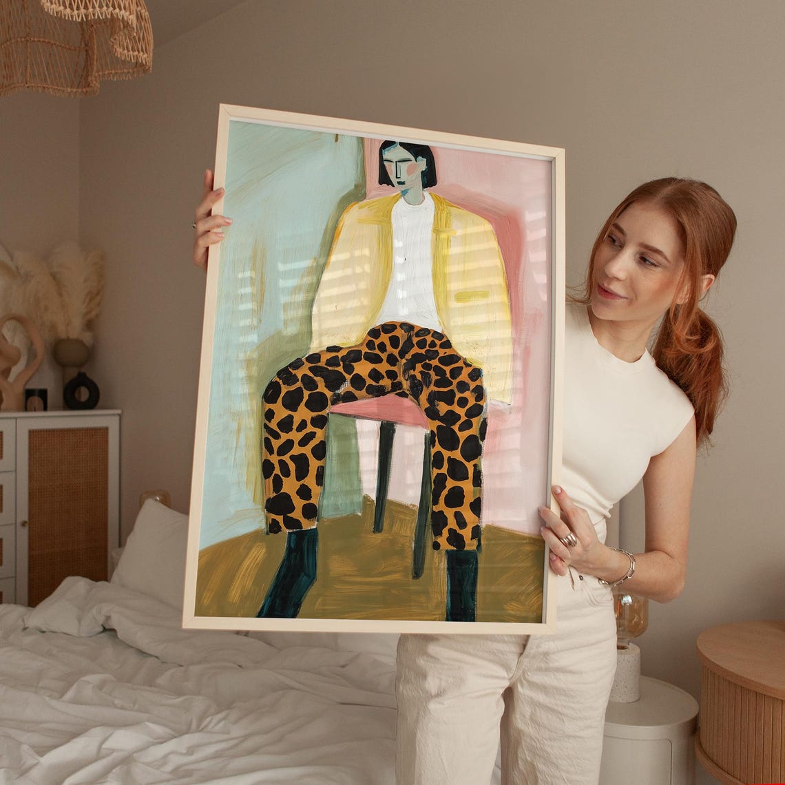 Bold Abstract Portrait With Leopard Pants Modern Wall Art Vibrant Minimalist Decor For Stylish Interiors - Image 5