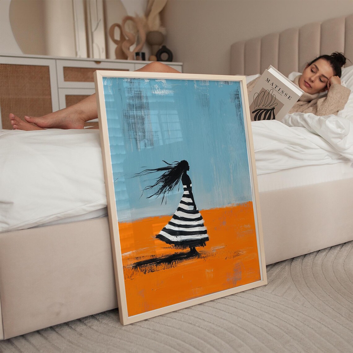 Silhouette Woman in Striped Dress Blue Sky Orange Ground Poster - Image 3