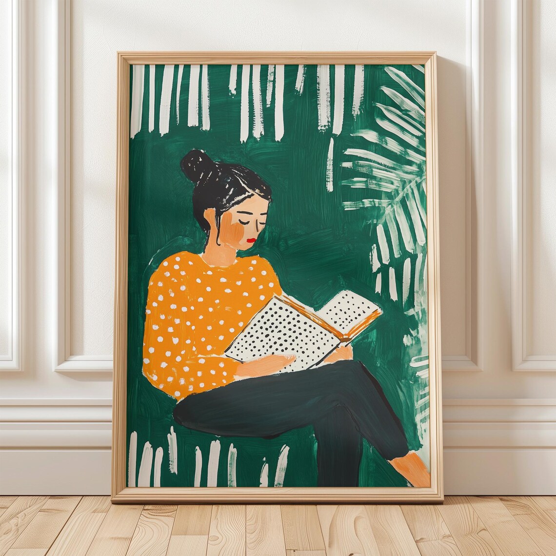 Woman Reading Book Polka Dot Sweater Green Minimalist Art Poster