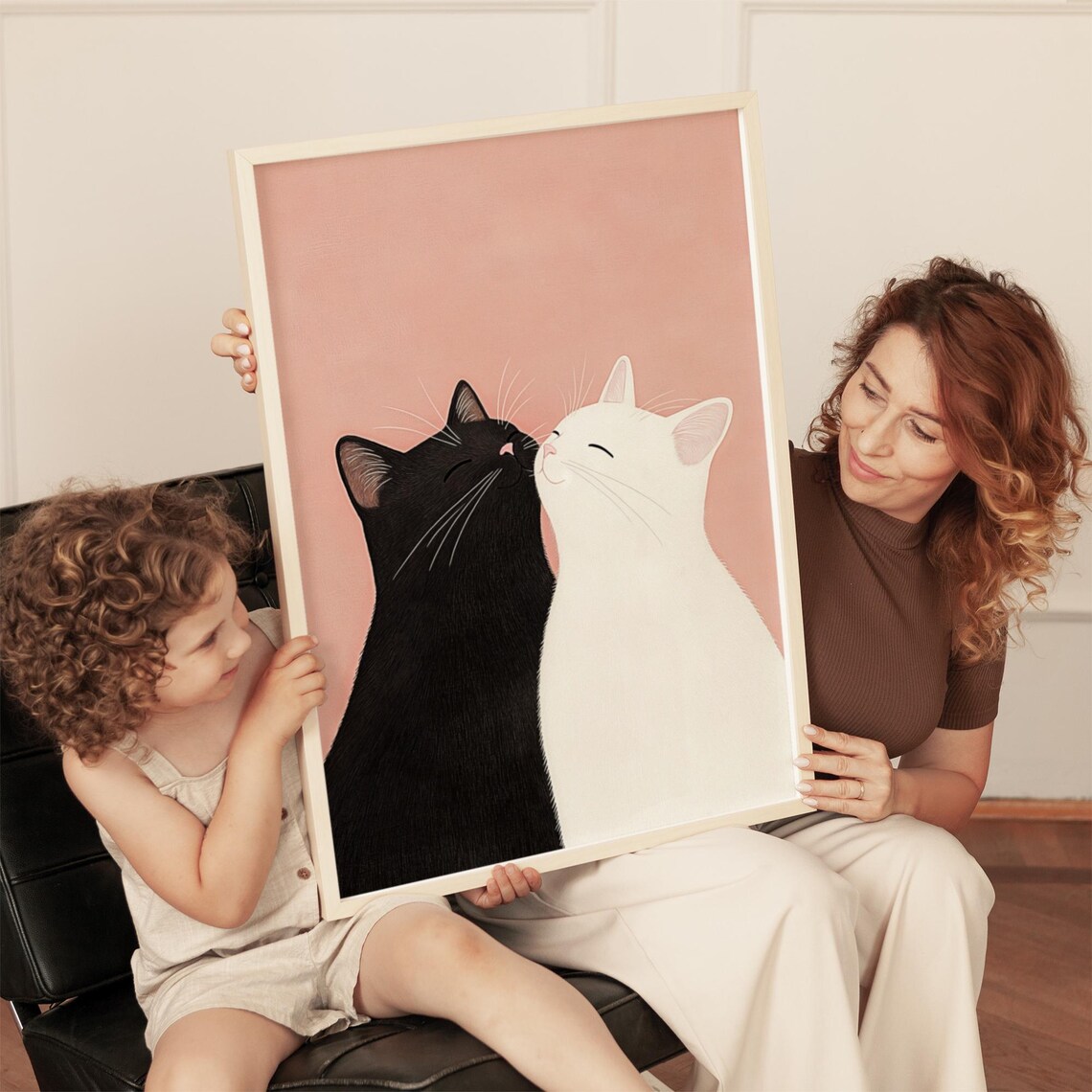 Black and White Cat Couple Nuzzling on Soft Pink Romantic Poster - Image 3