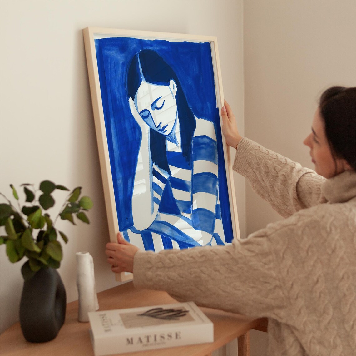 Woman In Blue Stripes Resting Head On Hand Minimalist Art Poster - Image 2