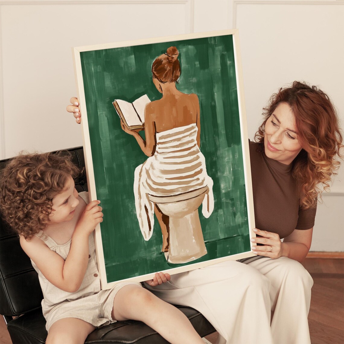 Woman in Striped Towel Reading on Toilet Back View Art Poster - Image 5