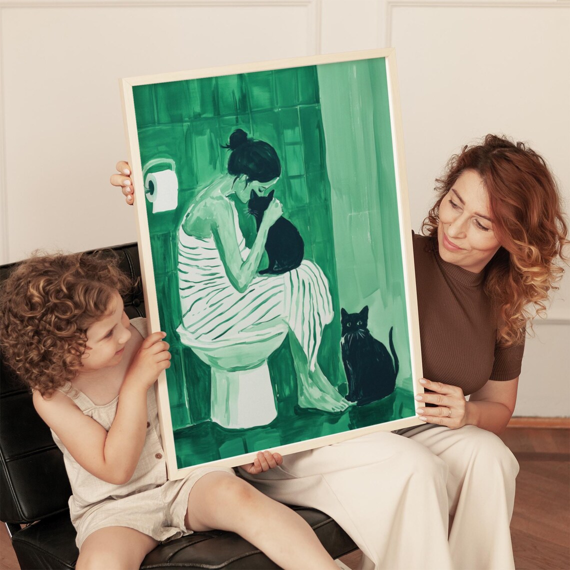 Woman Cuddling Black Cat with Second Cat in Green Bathroom Poster - Image 5