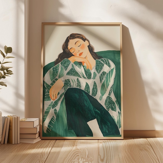 Dreamy Woman in Green Chair, Elegant Abstract Portrait
