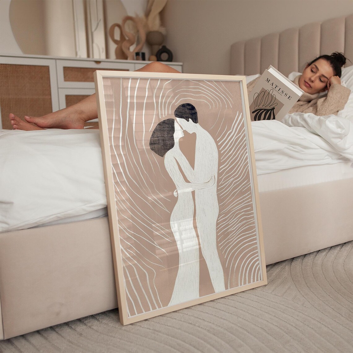 Minimalist Embracing Couple Beige Abstract Line Art Love Poster - Image 2
