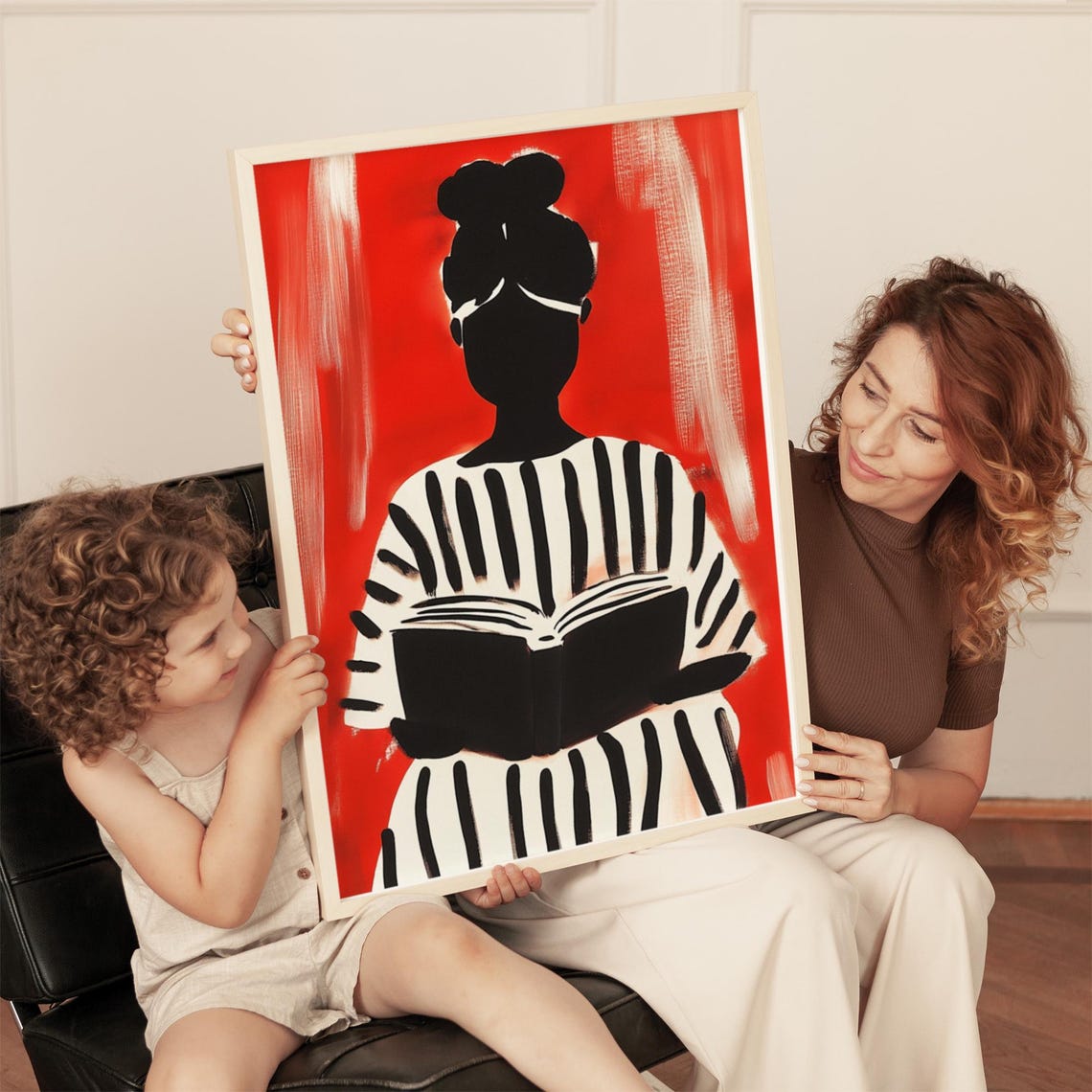 Woman Reading In Striped Dress Bold Red Abstract Wall Art Minimalist Black And White Home Decor Modern Illustration Print - Image 3