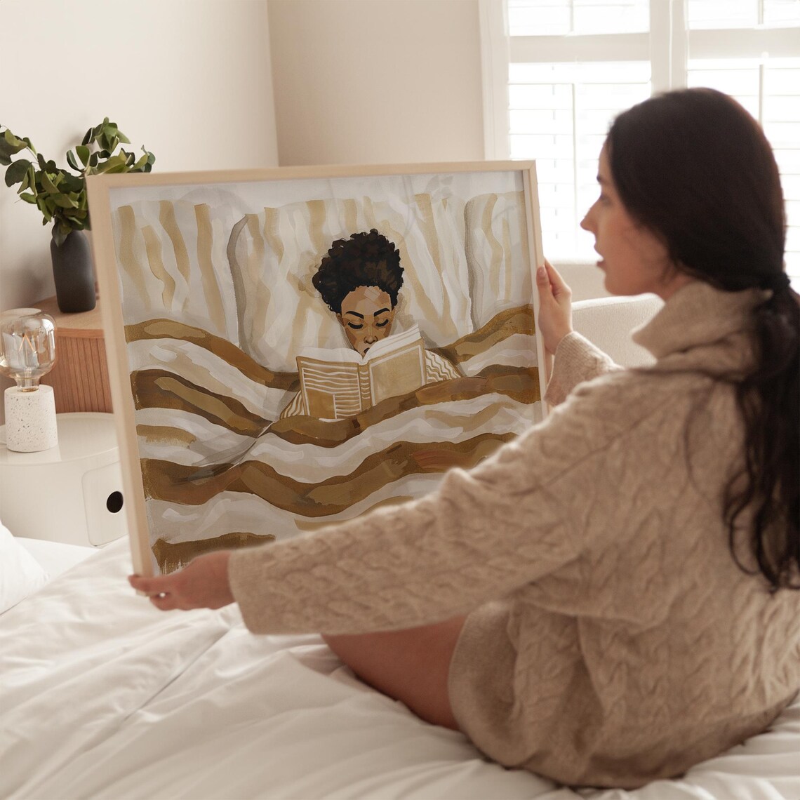 Cozy Woman Reading in Bed in Warm Beige Neutral Tones Wall Art - Image 4