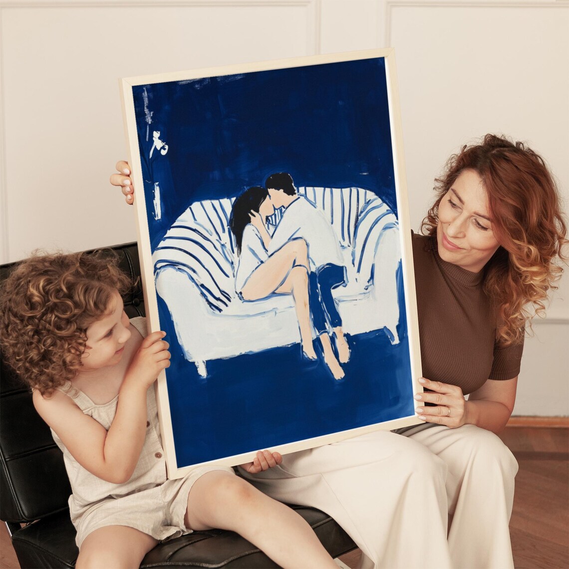 Romantic Couple Kissing on Striped Couch Midnight Blue Art Print - Image 2