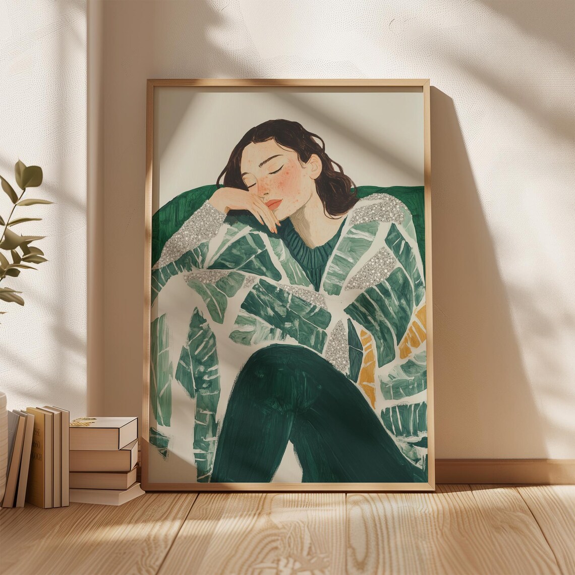 Woman In Leaf Pattern Coat Resting Modern Glitter Art Poster - Image 5