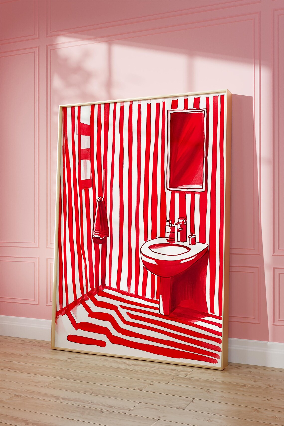 Red Striped Bathroom Art, Minimalist Abstract - Image 4