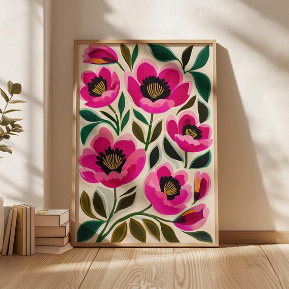 Bold Pink Flower Wall Art Print Modern Botanical Illustration Colorful Floral Painting Scandinavian Poster