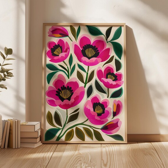 Bold Pink Flowers With Green Leaves Modern Botanical Painting Poster
