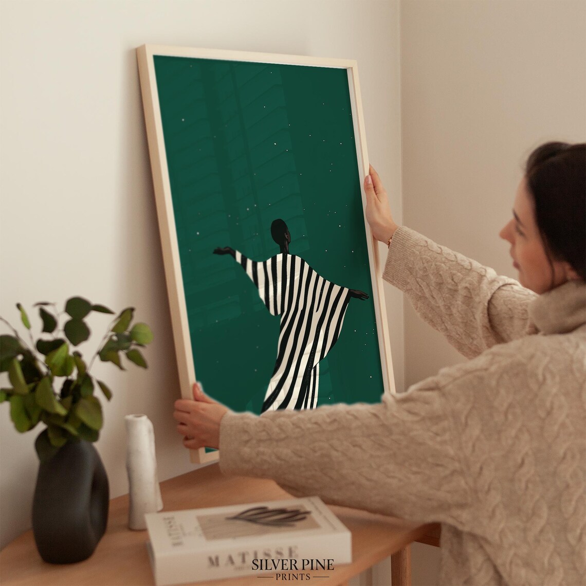 Silhouette Woman Dancing Under Stars Emerald Night Minimalist Poster - Image 3