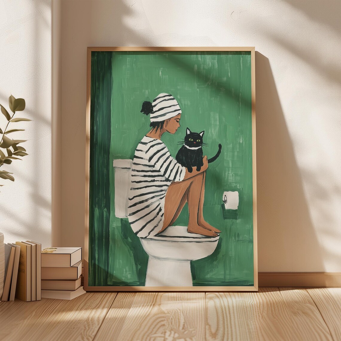 Striped Woman And Black Cat, Minimalist Bathroom Decor - Image 3