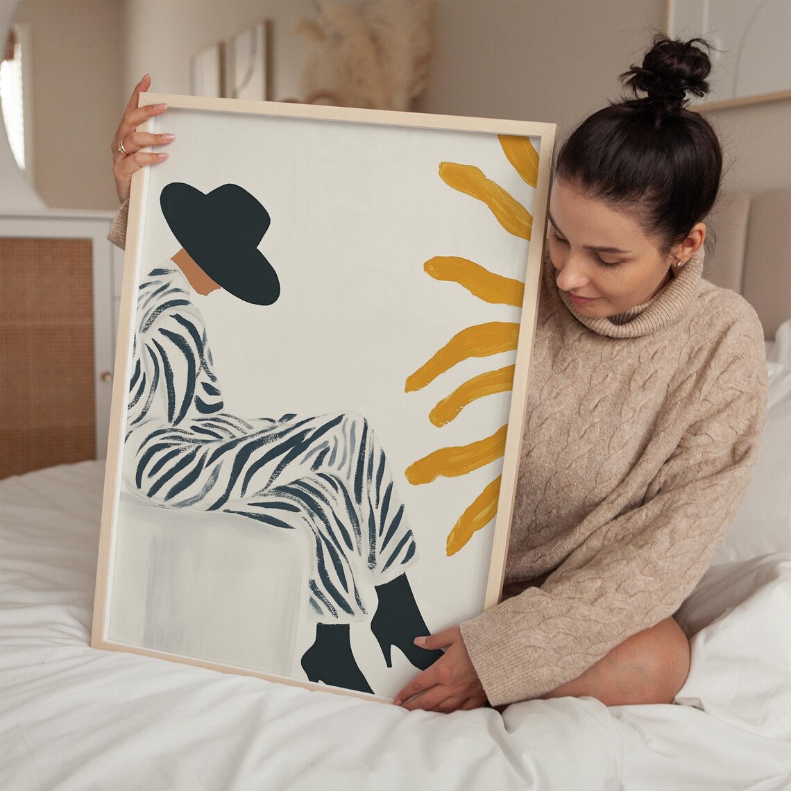 Zebra Jumpsuit Woman with Hat and Golden Sun Modern Abstract Poster - Image 3