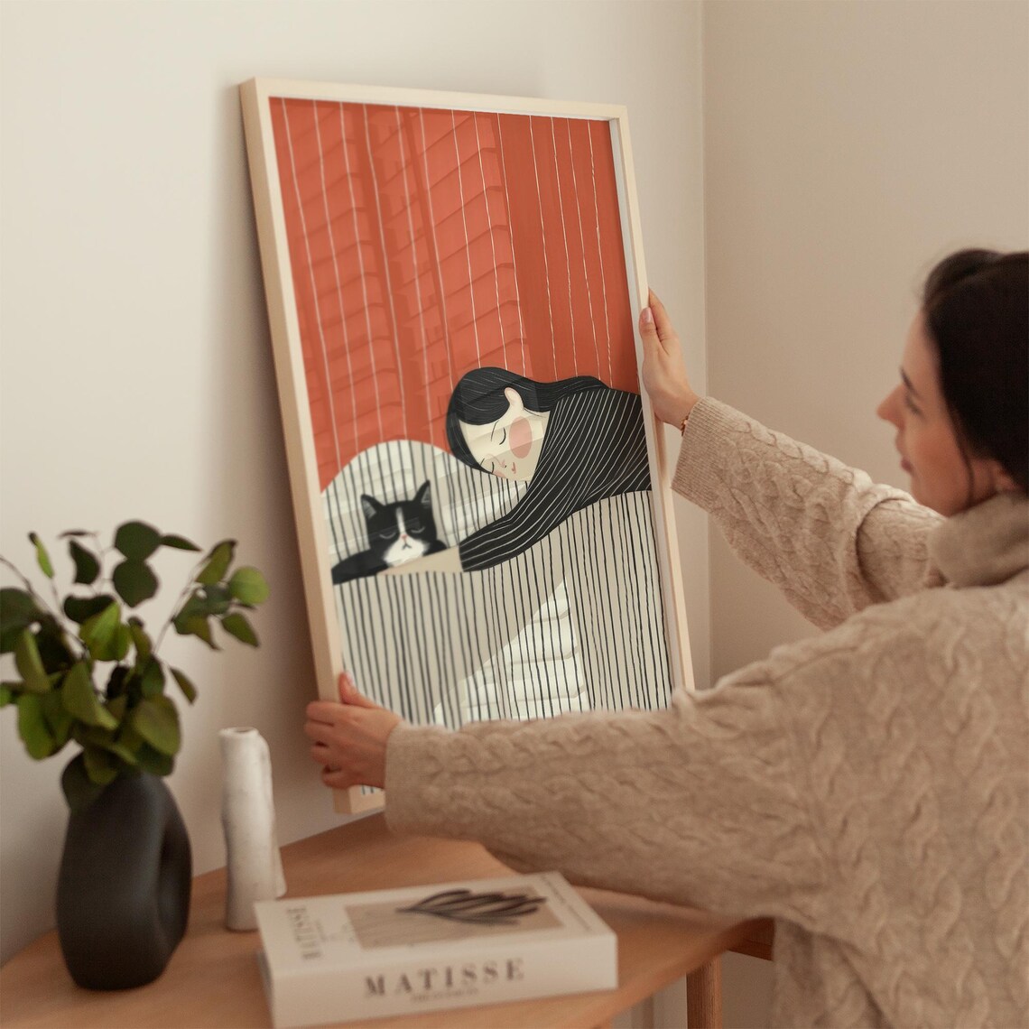 Woman Sleeping With Black Cat Coral Striped Bedroom Wall Poster - Image 5