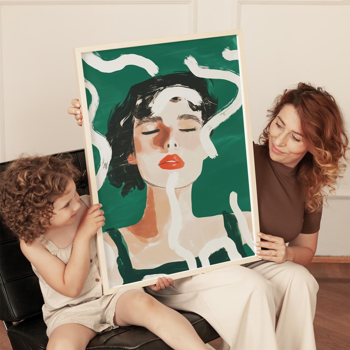 Abstract Woman Face Red Lips Green Background Modern Art Poster - Image 3