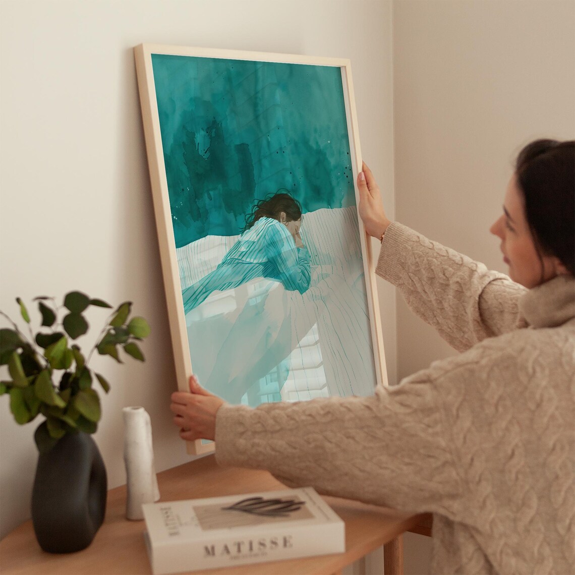 Woman Asleep on Teal Watercolor Bed Soft Dreamy Bedroom Poster - Image 5