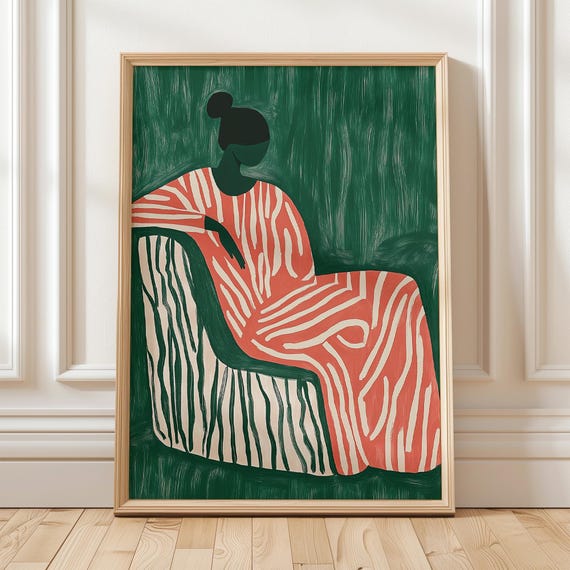 Abstract Woman Sitting Art Print Modern Wall Art Bold Striped Design Green And Red Minimalist Decor Contemporary