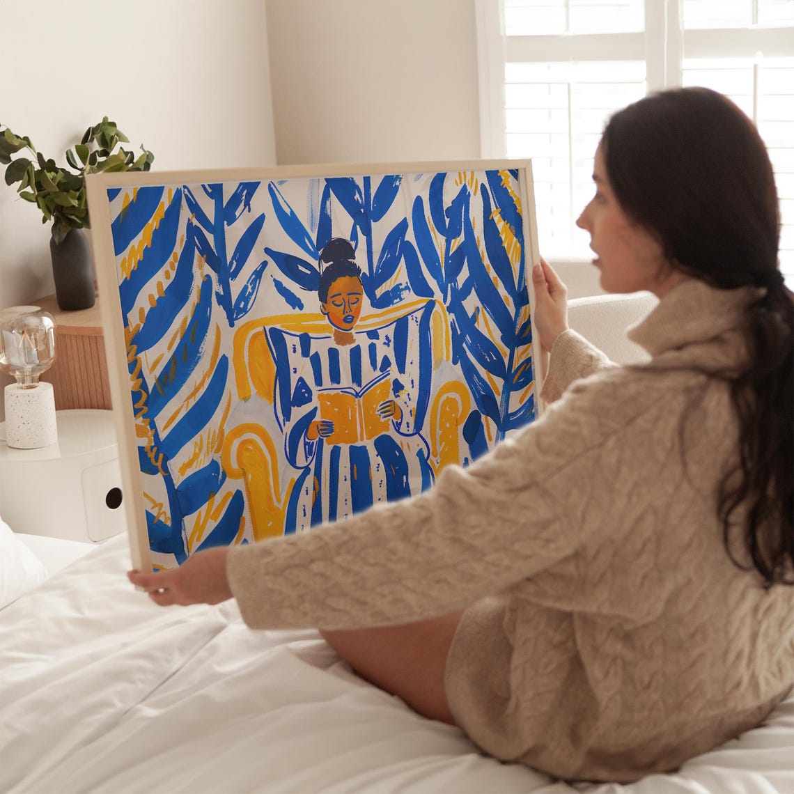 Colorful Reading Woman Art Bold Blue And Yellow Wall Art Botanical Pattern Print Cozy Living Room Artwork Print - Image 2
