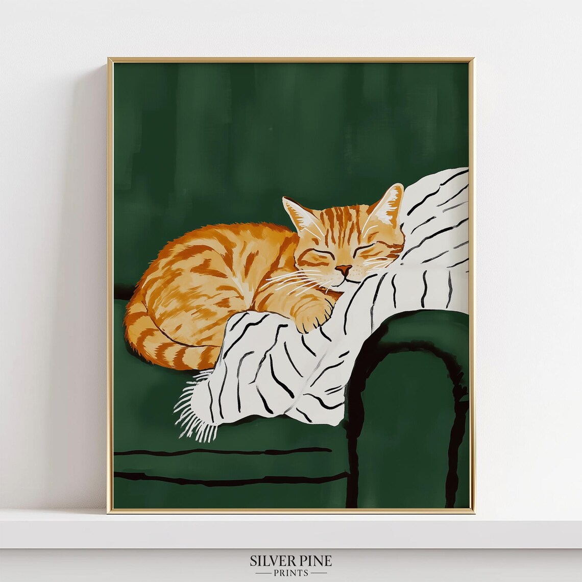Sleeping Orange Tabby Cat on White Blanket Green Sofa Poster - Image 2