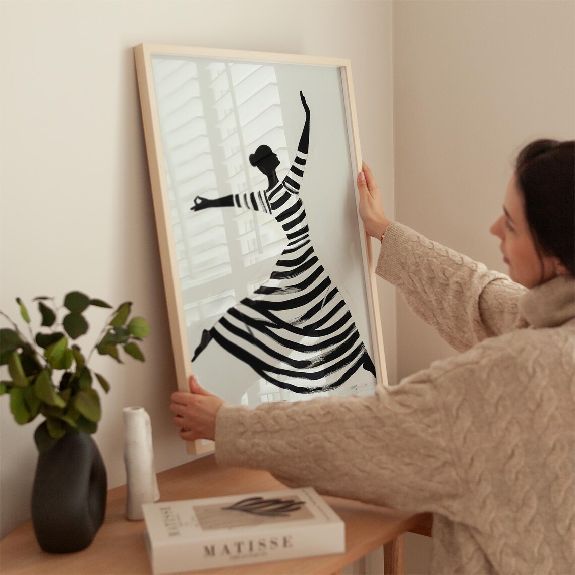 Monochrome Striped Dress Dancer Ink Silhouette Portrait Poster - Image 4