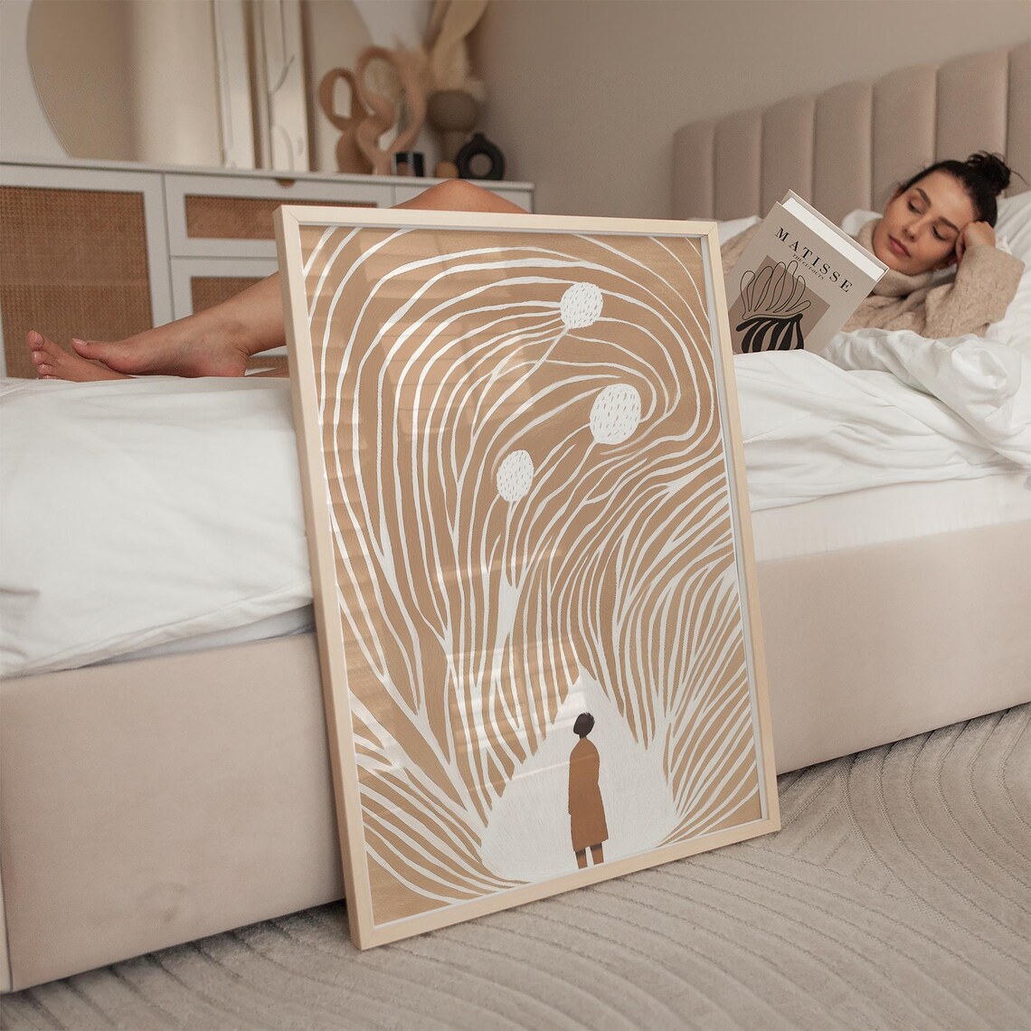 Abstract Flowing Lines with Woman Silhouette Neutral Art Poster - Image 4