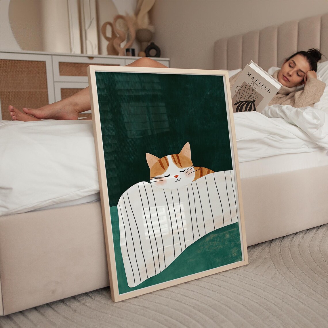 Cute Orange Tabby Cat Napping Under Striped Blanket Art Poster - Image 2