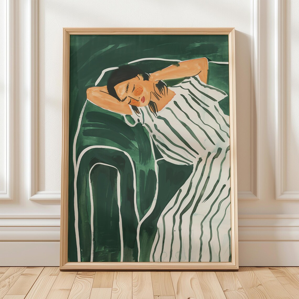 Sleeping Woman in Striped Dress on Deep Emerald Green Art Poster