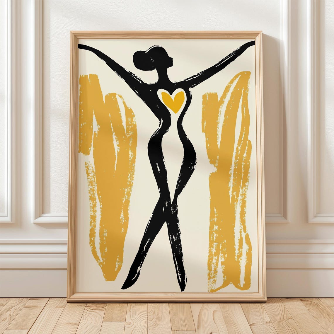 Modern Figurative Wall Art Abstract Female Silhouette With Yellow Heart Print