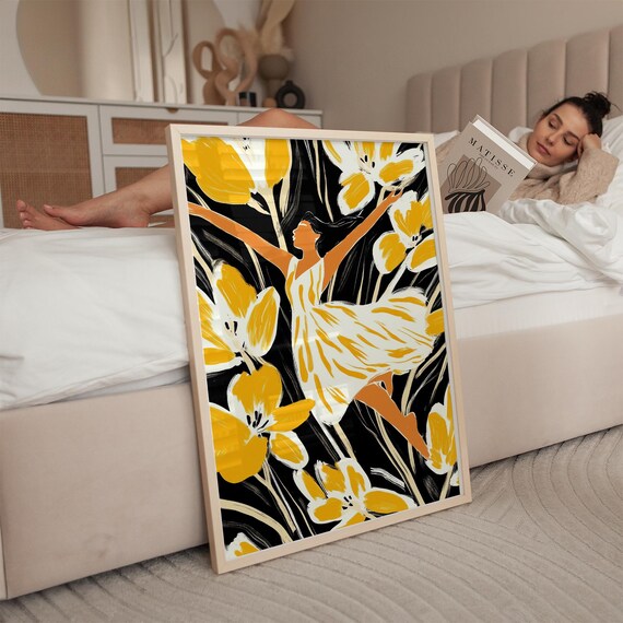 Dancing Woman Art Print Modern Abstract Female Figure With Yellow Flowers Wall