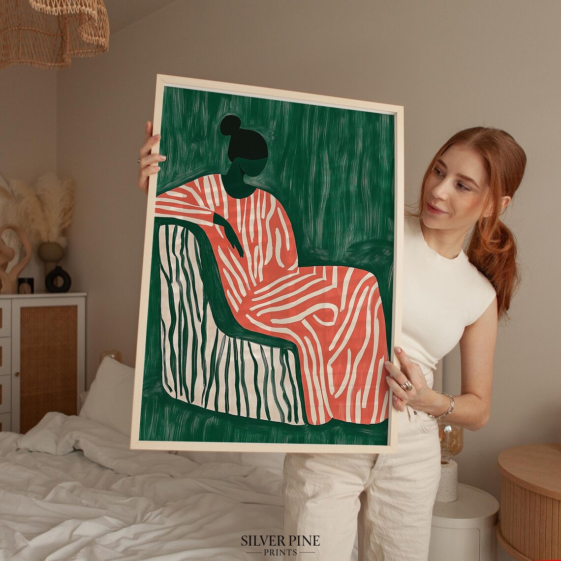 Seated Woman in Coral Striped Dress on Emerald Green Art Poster - Image 4