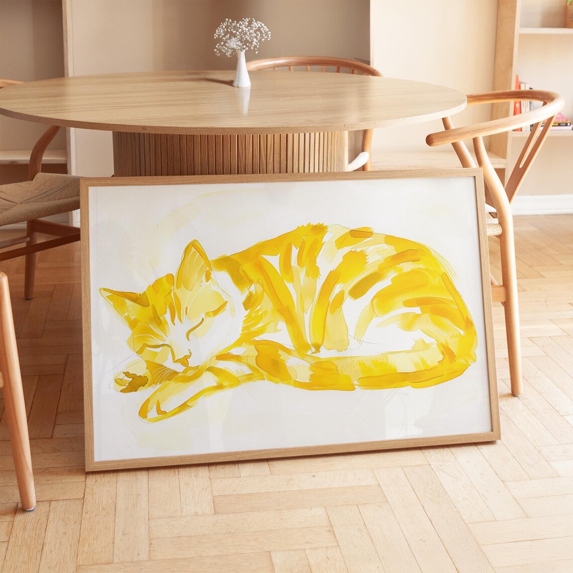 Sleeping Golden Yellow Watercolor Tabby Cat Curled Up Cozy Poster