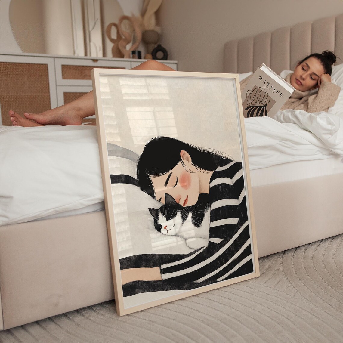 Sleeping Woman Cuddling Black and White Cat Cozy Minimalist Wall Art - Image 2