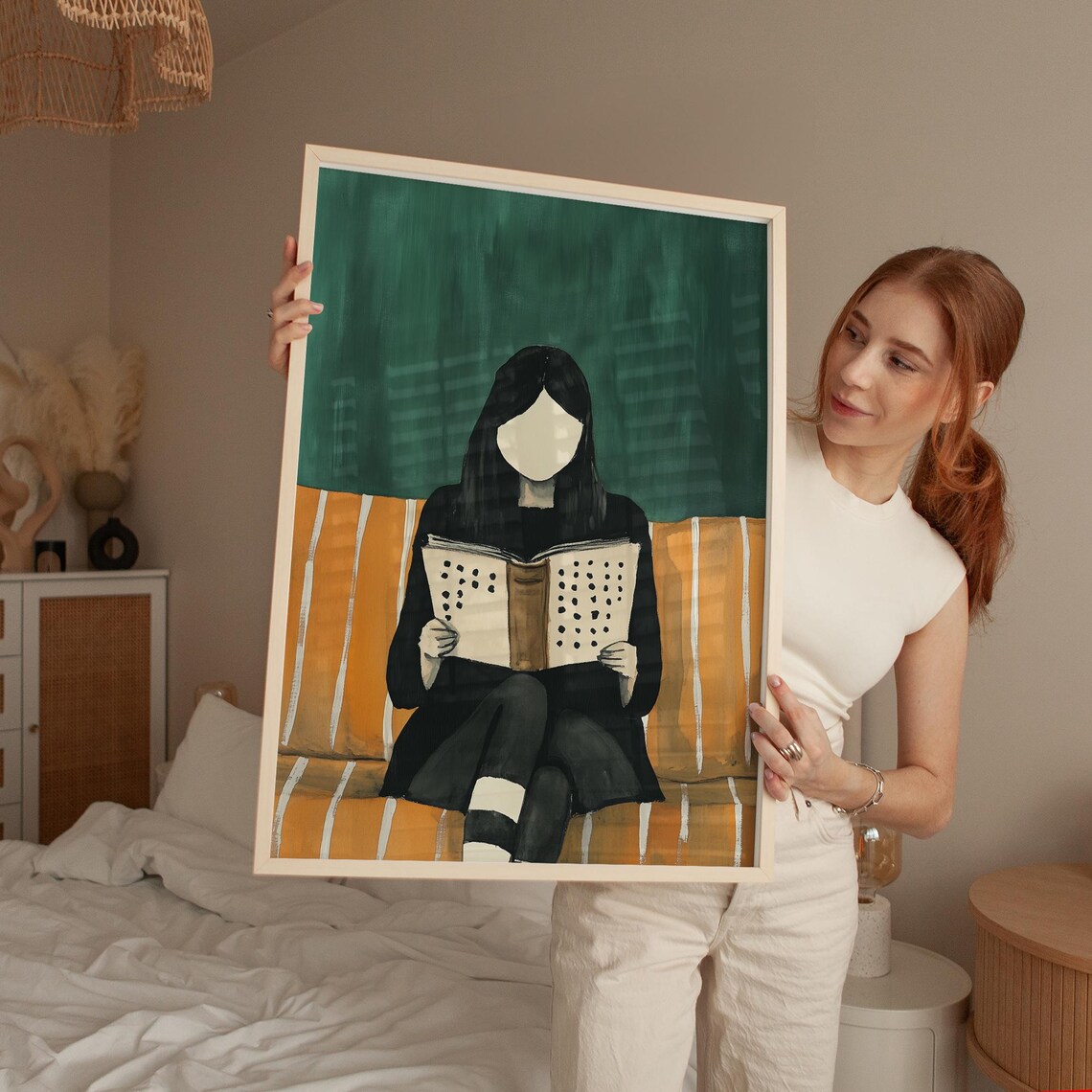 Faceless Woman Reading On Orange Striped Couch Green Art Poster - Image 4