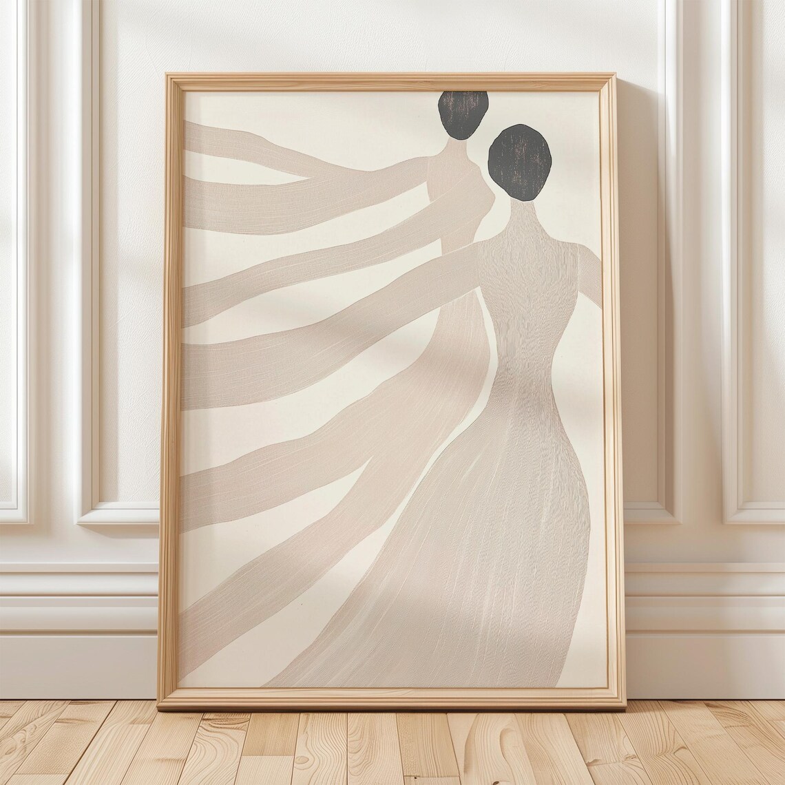 Two Abstract Dancing Women In Beige Minimalist Line Art Poster