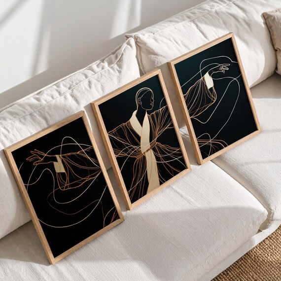Minimal Line Art Wall Set Of 3 Black Gold Abstract Prints Modern Triptych Artwork Elegant Contemporary Home Decor For Living Room
