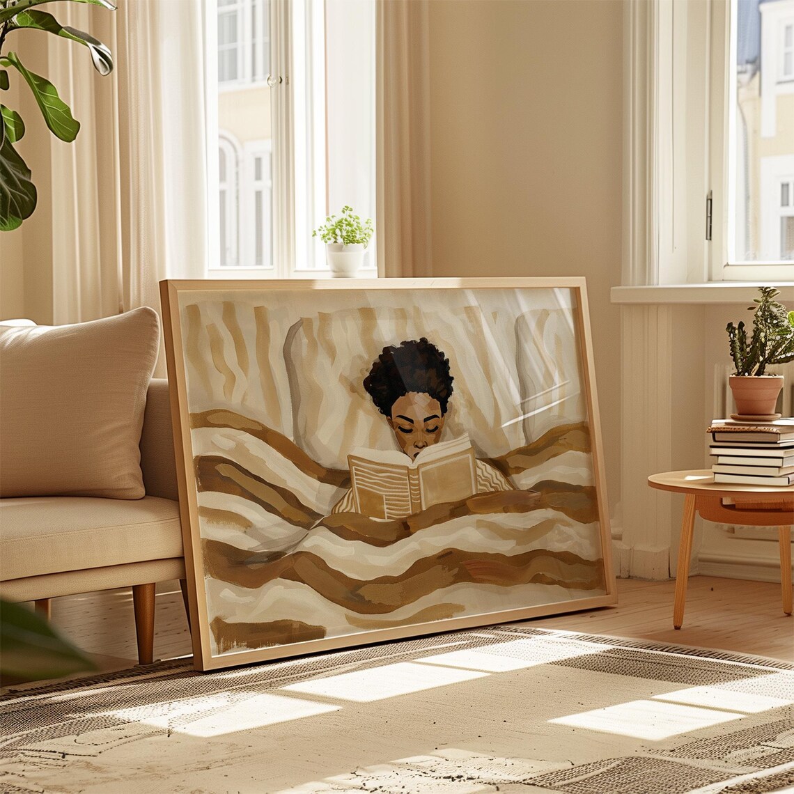 Cozy Woman Reading in Bed in Warm Beige Neutral Tones Wall Art - Image 3