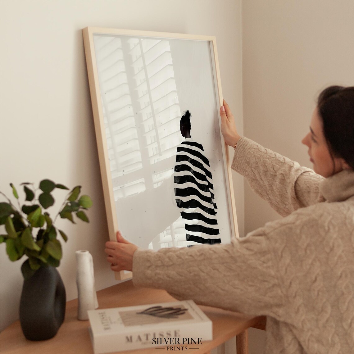 Woman from Behind in Black White Striped Dress Minimalist Poster - Image 2