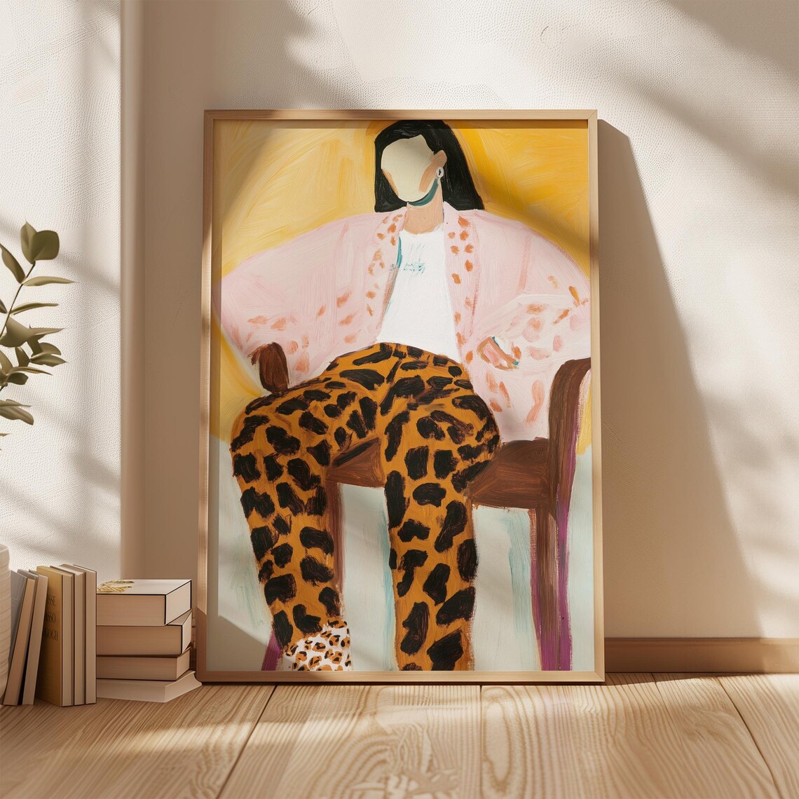 Seated Woman in Leopard Pants Pink Blazer Bold Fashion Art Poster