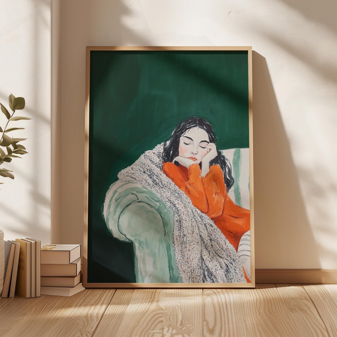 Sleeping Woman In Orange Dress Green Background Glitter Art Poster - Image 5
