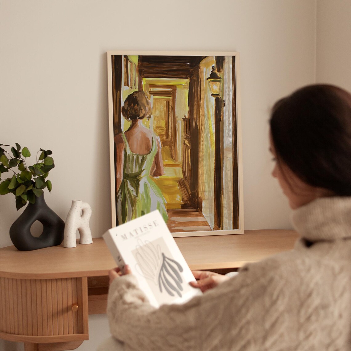 Woman Walking Through a Lamp-Lit Hallway Warm Vintage Style Poster - Image 3
