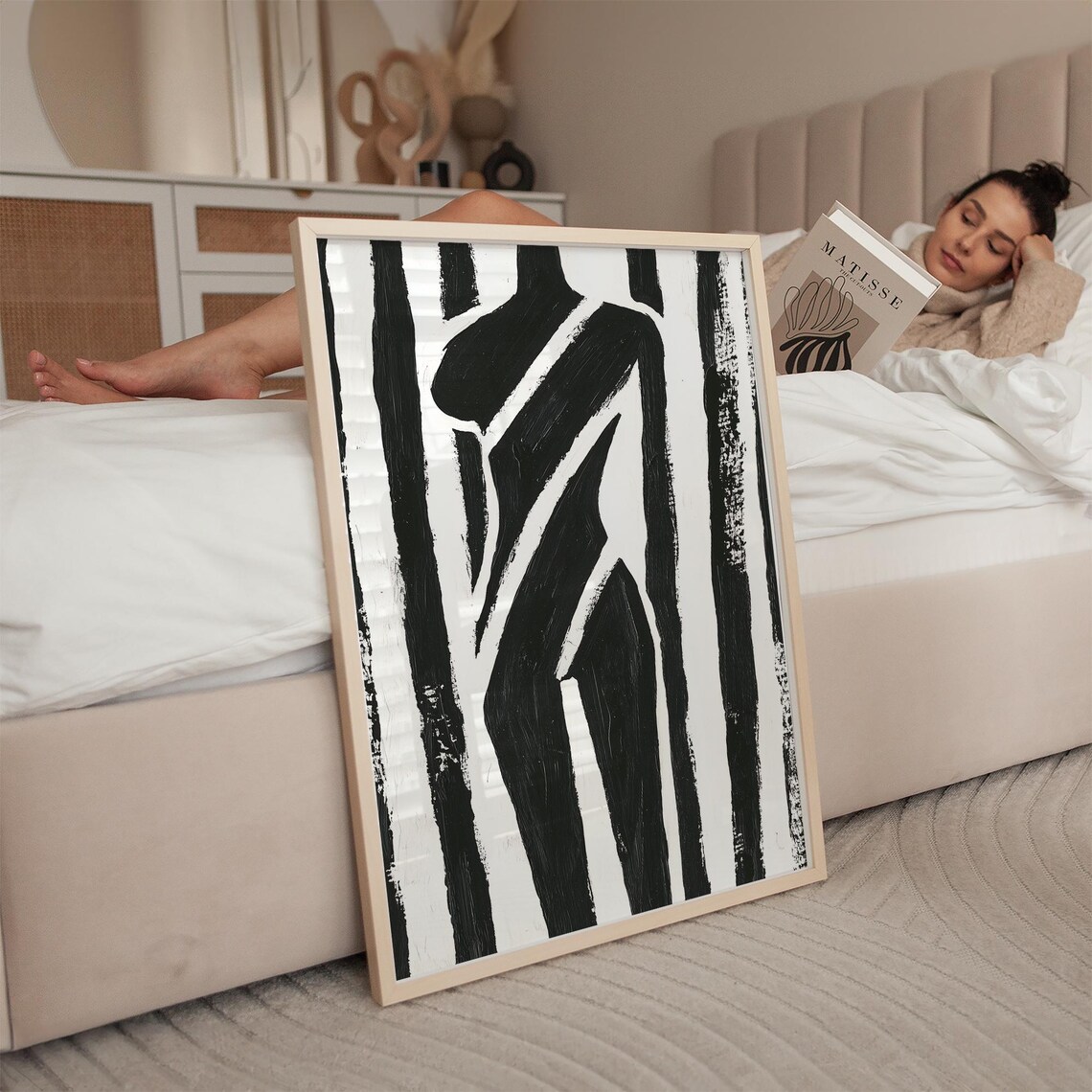 Abstract Female Torso in Bold Black and White Stripe Art Poster - Image 4