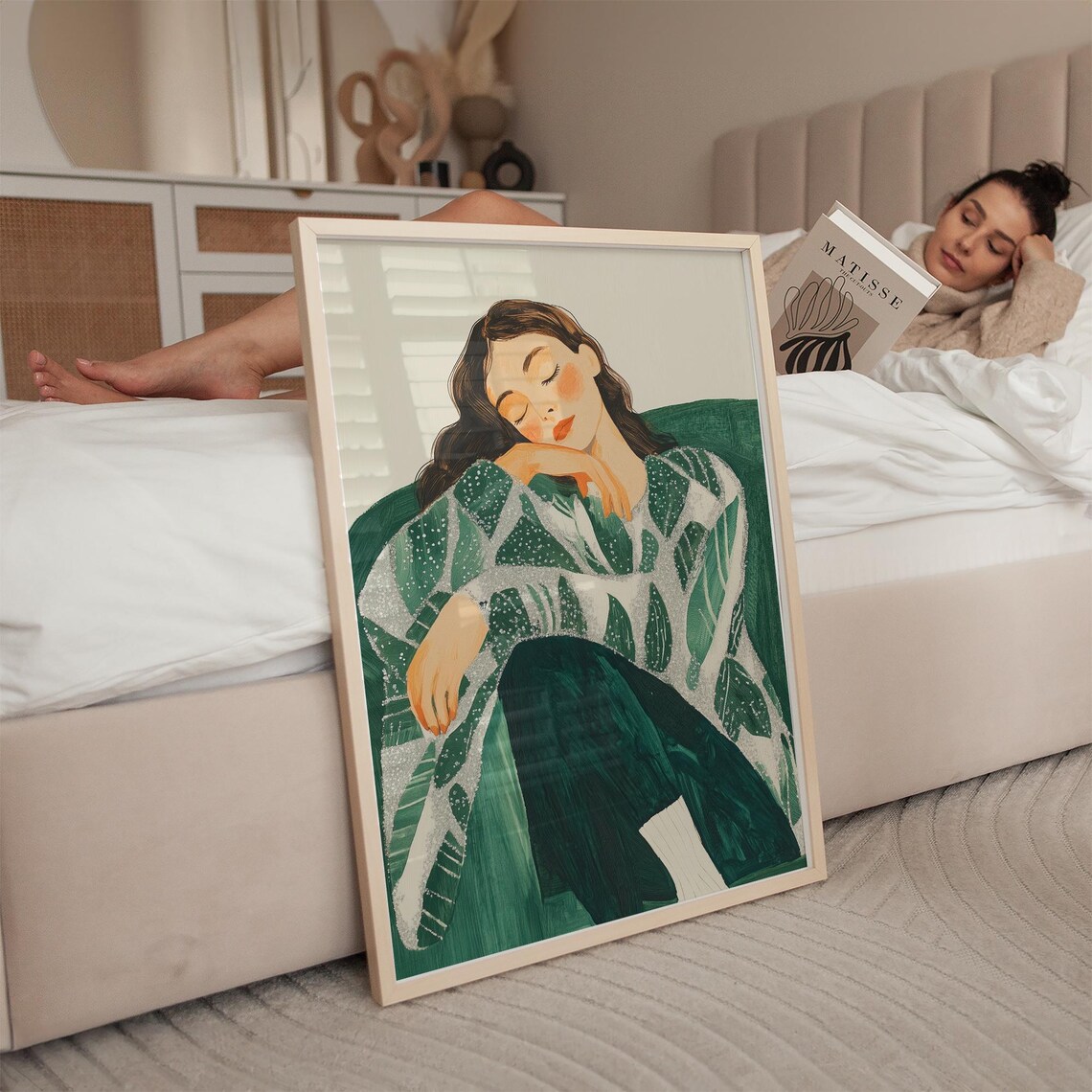 Dreamy Woman in Green Chair, Elegant Abstract Portrait - Image 2