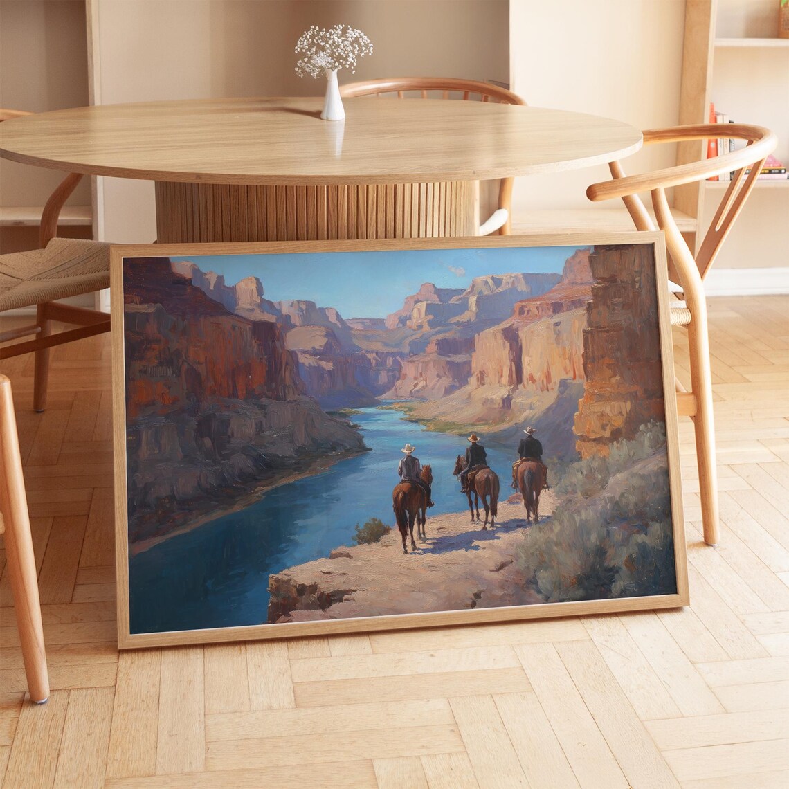 Cowboys On Horseback Canyon River Western Landscape Painting Poster